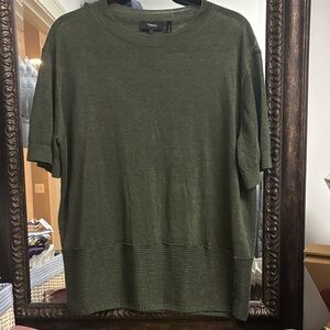 Theory Women's Olive Linen blend Short Sleeve Top quiet luxury